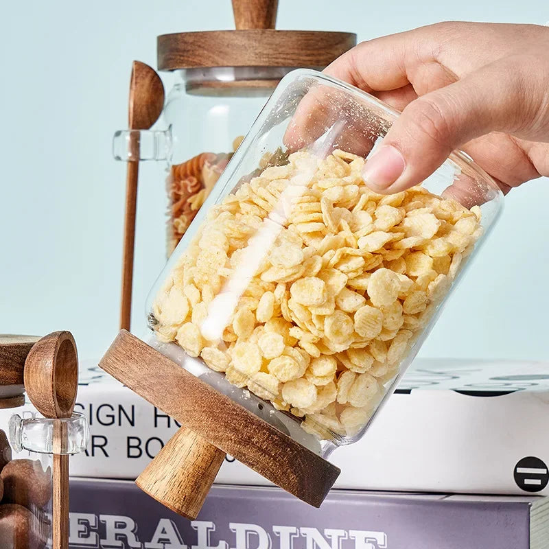 Glas versiegelt Jar fënnef Grains Kaffi an Téi Späichere kënnen mat Holzfloofsaison Kichen Fiichtegkeete-Beweis späicheren