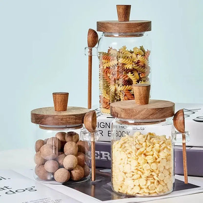 Glas versiegelt Jar fënnef Grains Kaffi an Téi Späichere kënnen mat Holzfloofsaison Kichen Fiichtegkeete-Beweis späicheren