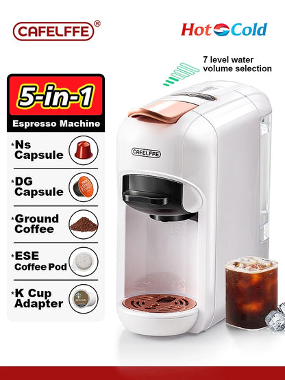 Cafelffe 5 in 1 Multiple Capsule Coffee Machine Hot/Cold DG Cappuccino Nespresso Capsule ESE Pod Ground Coffee Cafeteria 19Bar