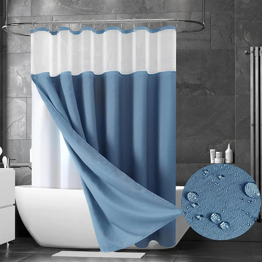 Double Layer Shower Curtain Waterproof Linen Bath Curtain Liner for Bathroom Bathtub Bathing Cover with Silver Metal Hooks
