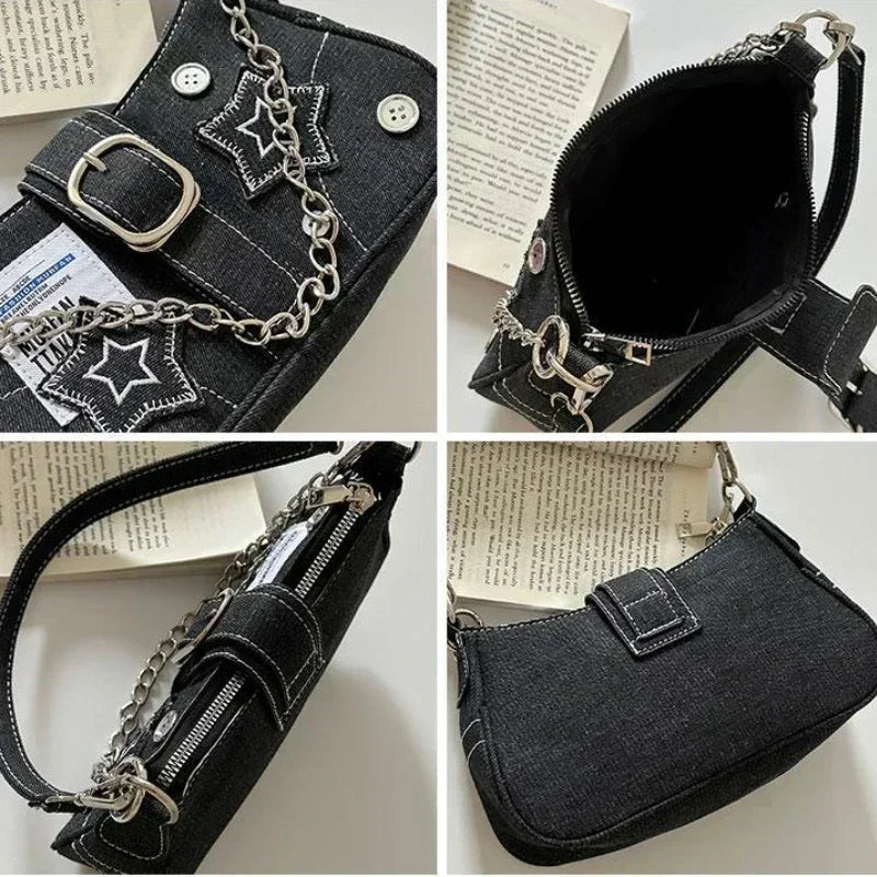 Y2k mode dames handtassen sterren patroon coole meisjes onderarm tas mode canvas vrouwelijke kleine schoudertassen ketting tote portemonnees