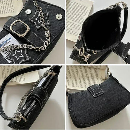 Y2k mode dames handtassen sterren patroon coole meisjes onderarm tas mode canvas vrouwelijke kleine schoudertassen ketting tote portemonnees