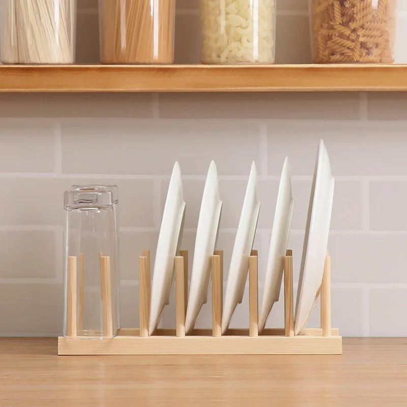 Plate oppbevaringsstativ Multifunksjonelt trefat Rack for kopp Dish Pot Lid Drain Holder Kitchen Arrangør Hylleoppbevaring
