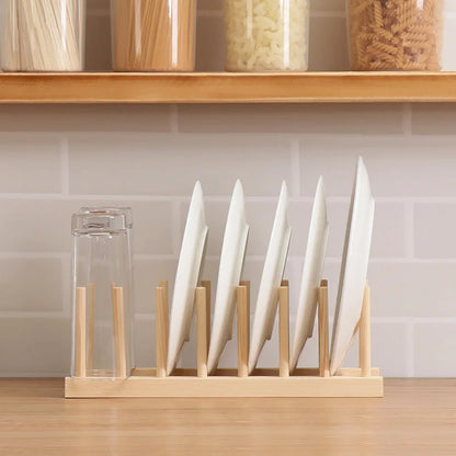Plate oppbevaringsstativ Multifunksjonelt trefat Rack for kopp Dish Pot Lid Drain Holder Kitchen Arrangør Hylleoppbevaring