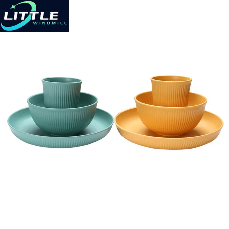 6pcs Wheatgrass Candy Color Tableware Set, Bowl, Cup, Dish Set, Fruit Salad Vertical Pattern, Picnic, Camping Tableware Set