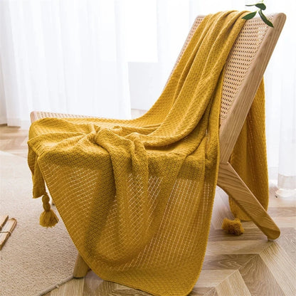 Nordiske tepper til sengsofa sofa chunky strikket sengeteppe strikket kast teppe med dusk vanlig farge vaffel preget teppe
