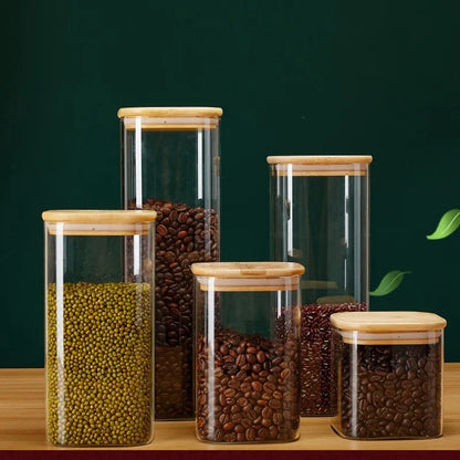Quadratglas späicheren jars mat Bambus-Deckel fir Kaffi Bounen grenzen Nopeschlagerkëschte Casters Organisateuren
