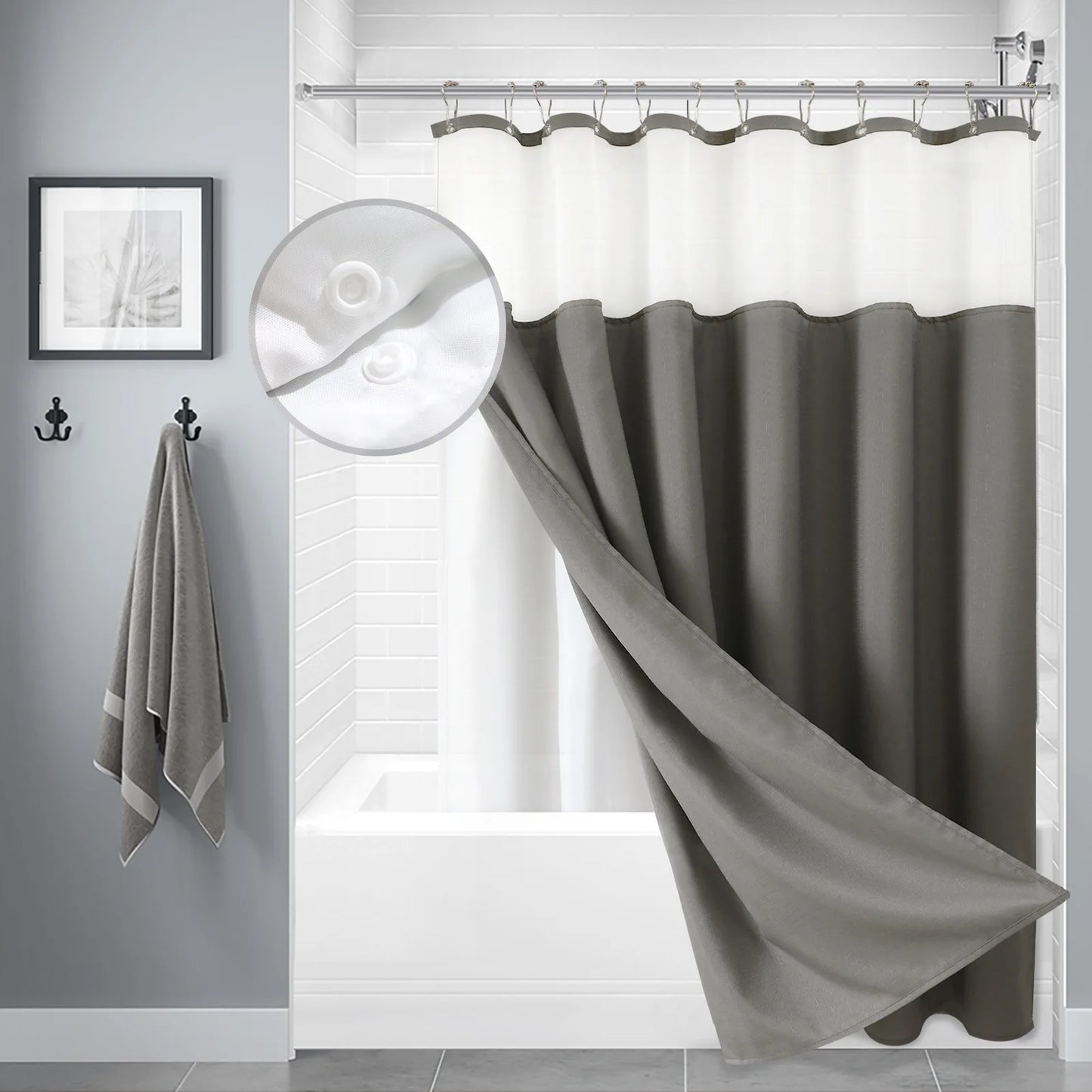 Double Layer Shower Curtain Waterproof Linen Bath Curtain Liner for Bathroom Bathtub Bathing Cover with Silver Metal Hooks
