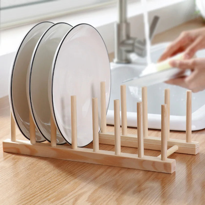 Plate oppbevaringsstativ Multifunksjonelt trefat Rack for kopp Dish Pot Lid Drain Holder Kitchen Arrangør Hylleoppbevaring