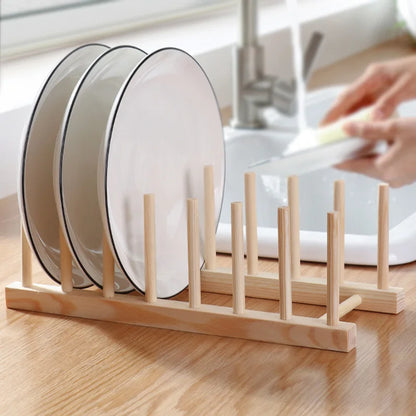 Plate oppbevaringsstativ Multifunksjonelt trefat Rack for kopp Dish Pot Lid Drain Holder Kitchen Arrangør Hylleoppbevaring