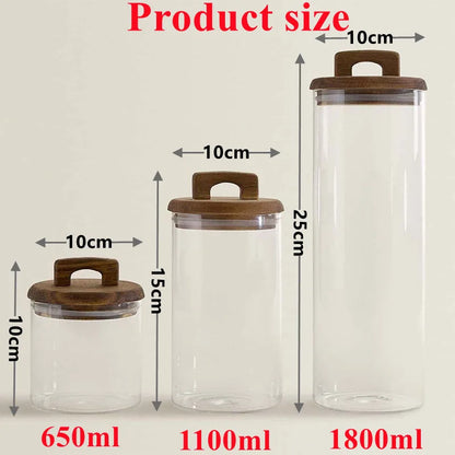 650/1100/1800ml Glass Food Storage Tank with Wooden Lid Kitchen Coffee Beans Candy Tea Grains Canister Home Snacks Storage Jar