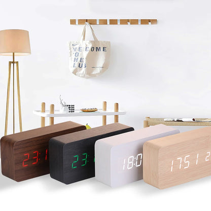 Houten vierkant LED slimme wekkers voor slaapkamers, digitale nachtklok met temperatuur, spraakregeling, desktopklok