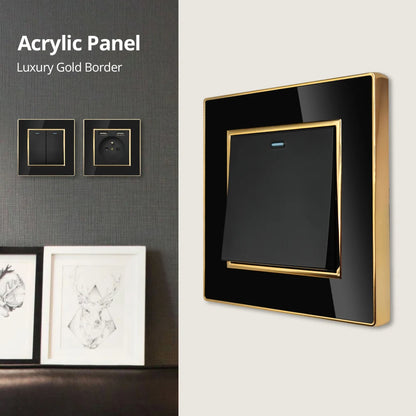 Wallpad Wall Black Acrylic Panel With Gold Border UK US Sockets And Switches 220V 1/2/3/4 Gang 1 2 3 Way Momentary Contact