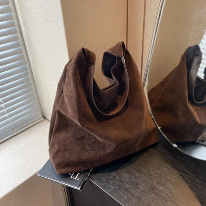 Vintage Women's Täsch grousst Kapazitéit Suede Schëllerbeutel TAppent Faarf einfach Casual Pendler Bag