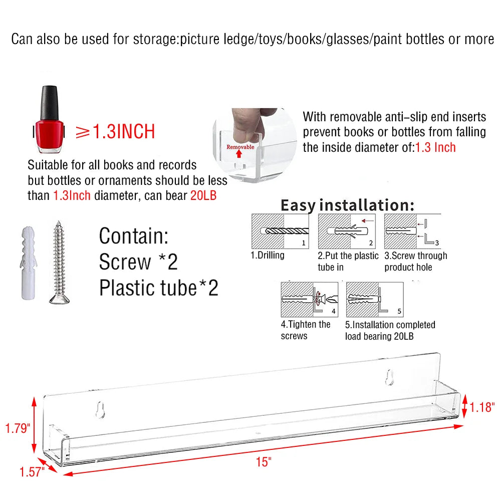 Acrylic Record Display Stand Shelf Clear Wall Mounted Record Holder Floating Shelves LP Record Album Nail Polish Storage Rack