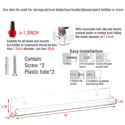 Acrylic Record Display Stand Shelf Clear Wall Mounted Record Holder Floating Shelves LP Record Album Nail Polish Storage Rack