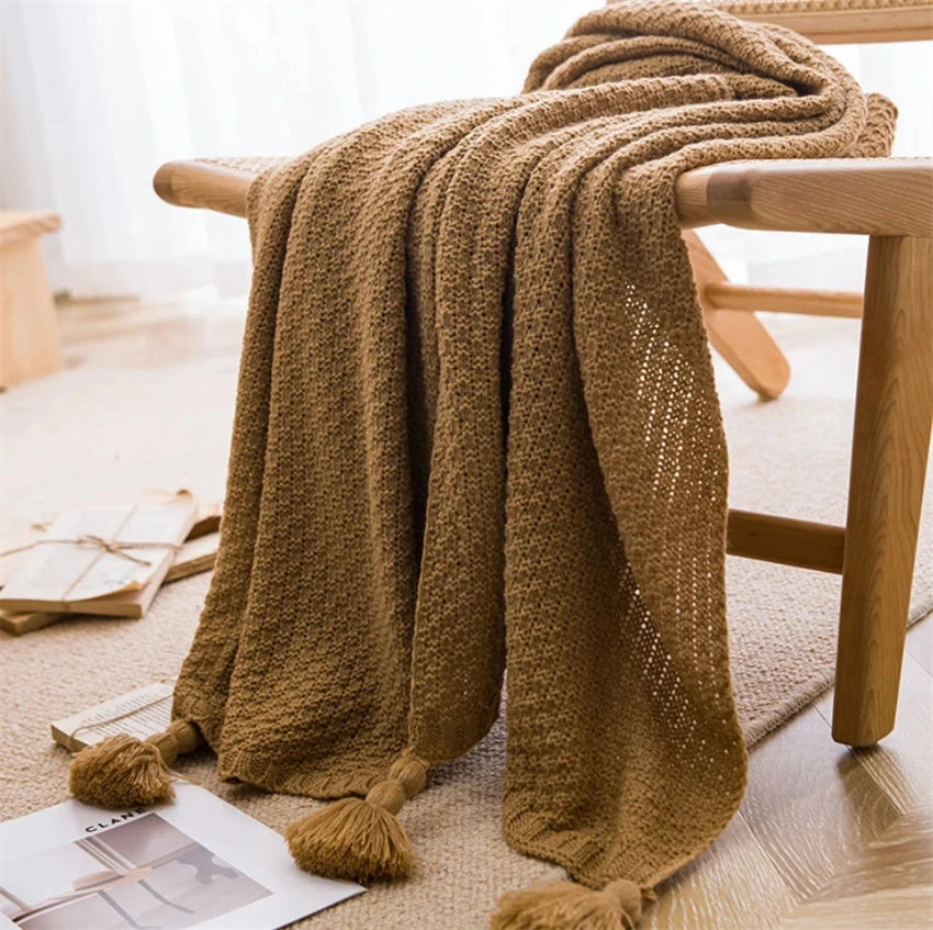 Nordiske tepper til sengsofa sofa chunky strikket sengeteppe strikket kast teppe med dusk vanlig farge vaffel preget teppe