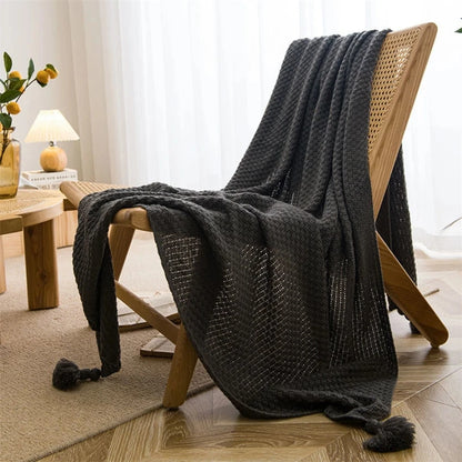 Nordiske tepper til sengsofa sofa chunky strikket sengeteppe strikket kast teppe med dusk vanlig farge vaffel preget teppe