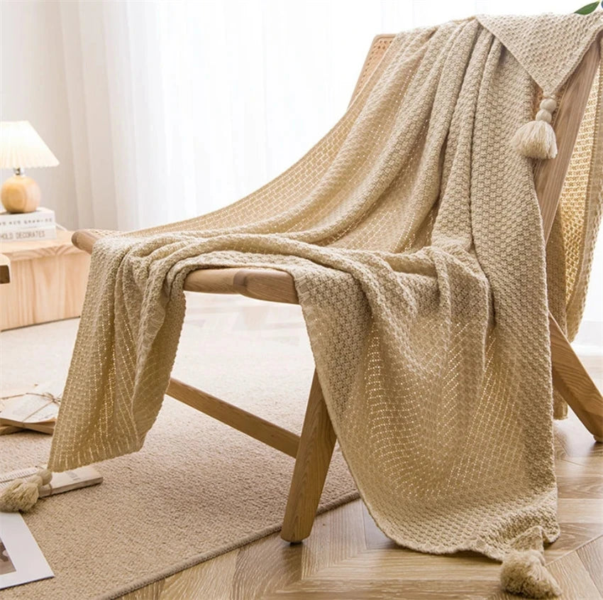 Nordiske tepper til sengsofa sofa chunky strikket sengeteppe strikket kast teppe med dusk vanlig farge vaffel preget teppe