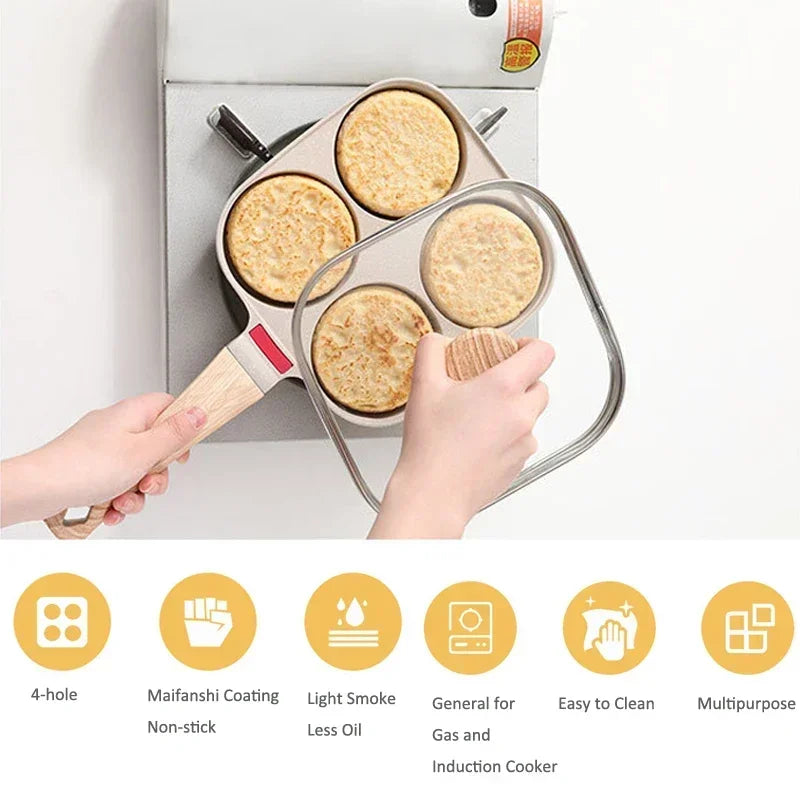 With Cover Four Holes Frying Pan Non-stick Home Breakfast Maifan Stone Omelet Pan Non Stick Egg Pan Kitchen Egg Cooking Cookware