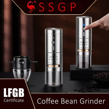 LFGB -sertifikat 304 Rustfritt stål Bærbar oppladbar stille 7 gir Justerbar kontor kaffebønnsgrinder med filterkopp