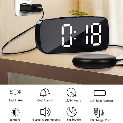 Superhoud vibrerande väckarklocka med Bed Shaker Multifunktionell dubbel USB för kraftig sovad döv hårt snooze