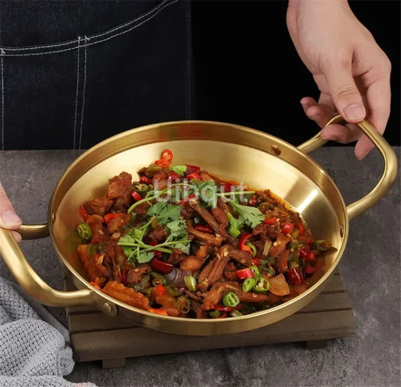 Rustfritt stål Gold Golden Seafood Rice Pot Home Cooking Paella Pan Picnic Snack Plates Kokekar Koserolle Dry Pots med håndtak