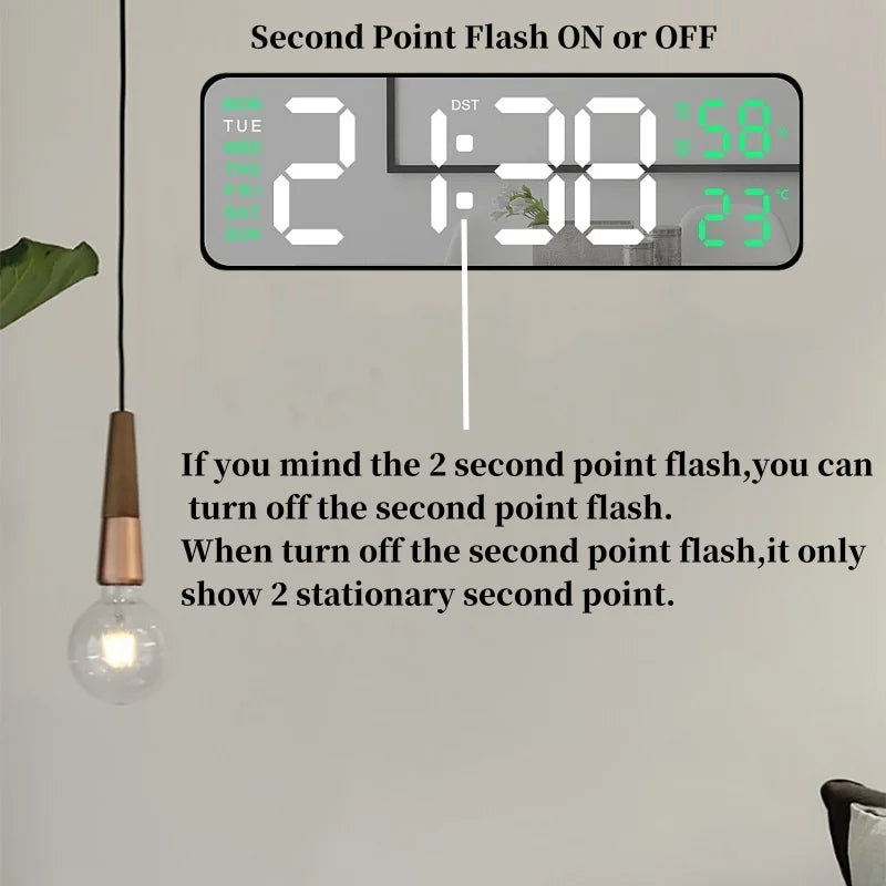 USB Powered 9 Zoll grouss Digital Mauer Clock Temperatur Fiichtegkeet Woch 2 Alarm 1 Alarm dimmer 12 / 24h Dstromed Alarm