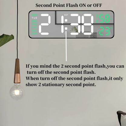 USB Powered 9 Zoll grouss Digital Mauer Clock Temperatur Fiichtegkeet Woch 2 Alarm 1 Alarm dimmer 12 / 24h Dstromed Alarm