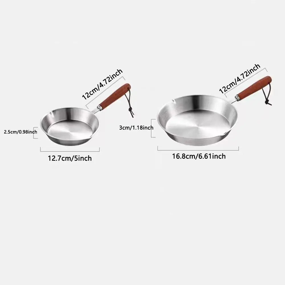 Oven Safe 304 Stainless Steel Frying Pan Wooden Handle Flat Bottom Open Skillet Nonstick 12/16cm Omelette Pan Kitchen Cookware