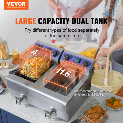 Vevor Commercial Electric Deep Fryer z podwójnymi zbiornikami 12L 3000W Stal nierdzewna Frytor Fryer na smażone frytki z kurczaka