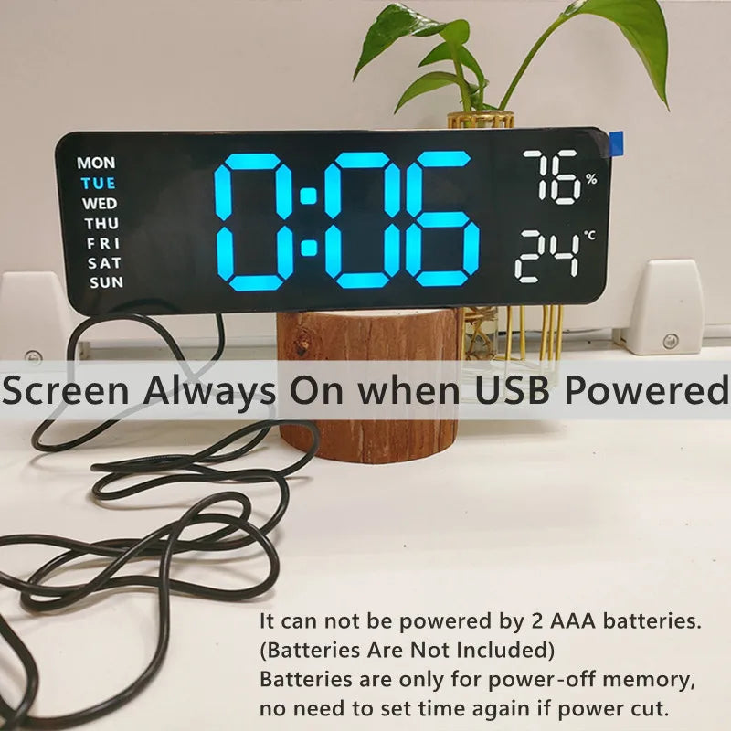USB -driven stor digital väggklocka 9 tum Temperaturfuktighetsvecka Auto Dimmer bordsklocka Elektronisk LED -väckarklocka 12/24H
