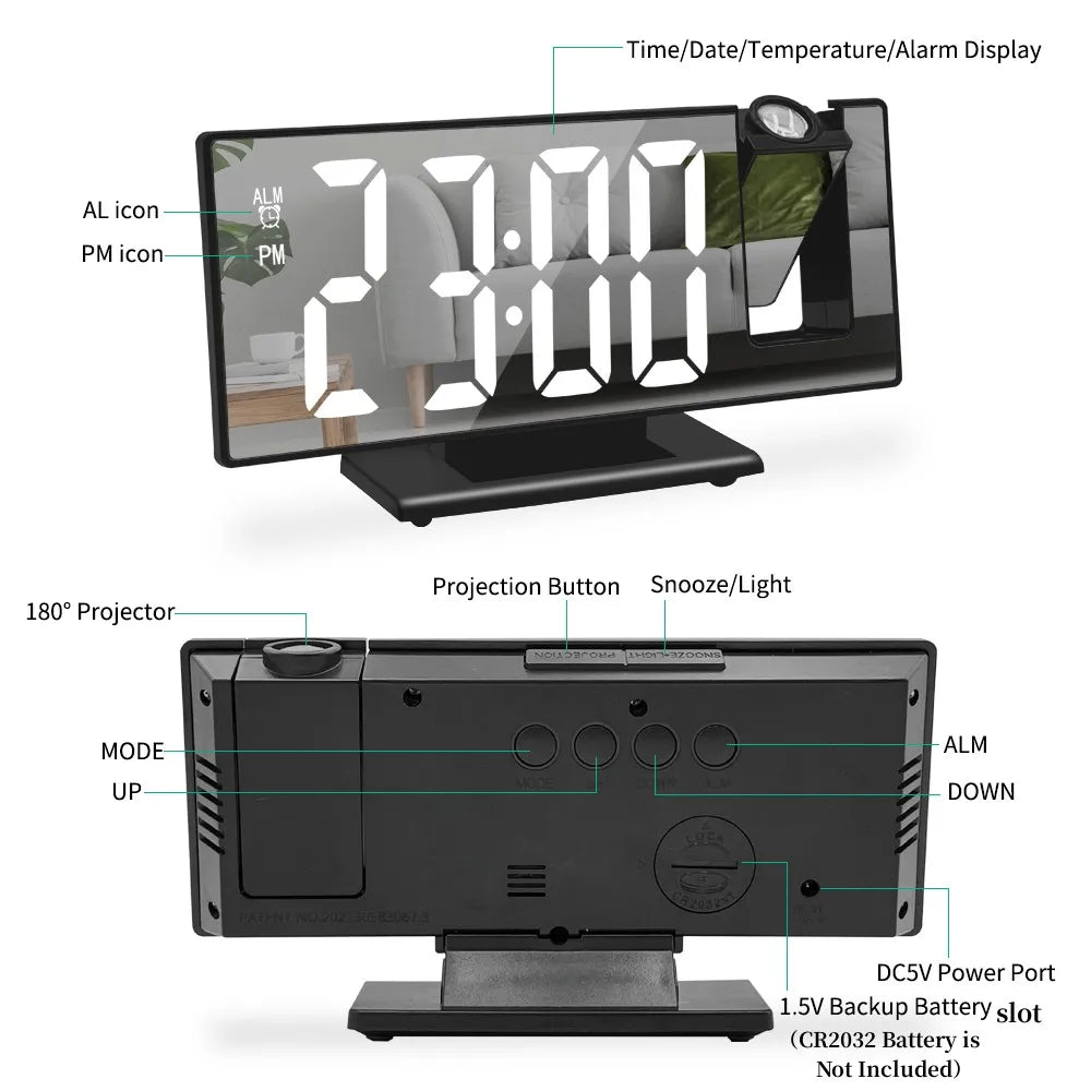 Ar USB darbināmu digitālo modinātāju 180 ° ARM Projekcijas modinātāja laika temperatūras temperatūras atlikšanas galda pulkstenis 12/24H projektora LED pulkstenis