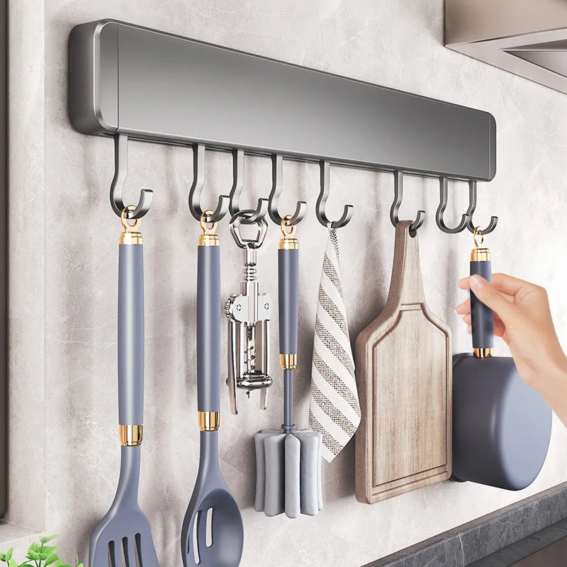 Køkkenopbevaringsstativ Ikke-perforerede hylder Vægmonteret med bevægelig krokke Spoon Holder Organizer Kitchen Geatensil Tilbehør