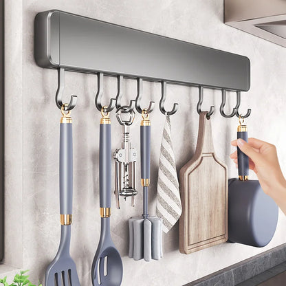 Køkkenopbevaringsstativ Ikke-perforerede hylder Vægmonteret med bevægelig krokke Spoon Holder Organizer Kitchen Geatensil Tilbehør