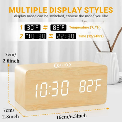Spraakregeling houten digitale alarmklok draadloze laadtemperatuur datum nachtmodus Tabel klok 3 alarm 12/24 uur LED -klok