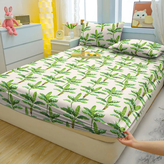 1 Simple Modern Plant Flower Printed Matte Fitted Sheet, Bedroom Printed Bed Cover, Bedding (Excluding Pillowcases)