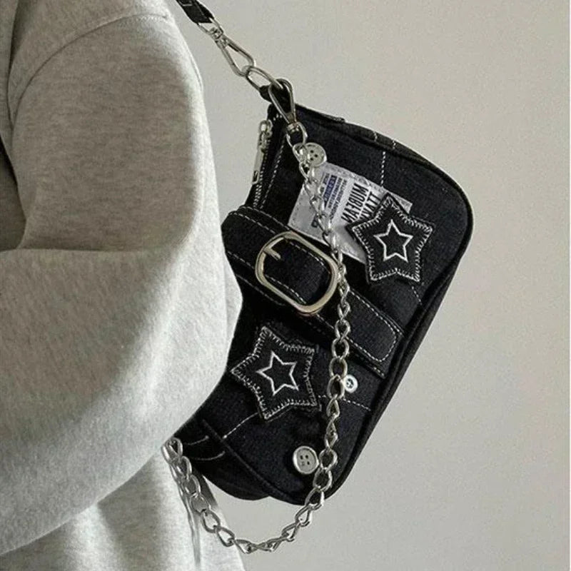 Y2k mode dames handtassen sterren patroon coole meisjes onderarm tas mode canvas vrouwelijke kleine schoudertassen ketting tote portemonnees