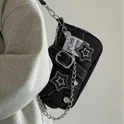 Y2k mode dames handtassen sterren patroon coole meisjes onderarm tas mode canvas vrouwelijke kleine schoudertassen ketting tote portemonnees