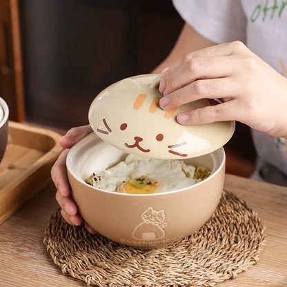 Tazón de sopa de cerámica creativa japonesa lindos animales de dibujos animados con tapa gato tazón para el tazón de tazón de tazón de tazón