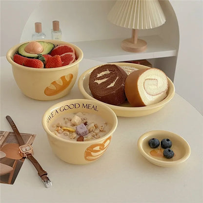Korean Style Household Ceramic Tableware Set Creative Bread and Toast Printed Noodle Bowls Meal Plate Home Porcelain Dinnerware
