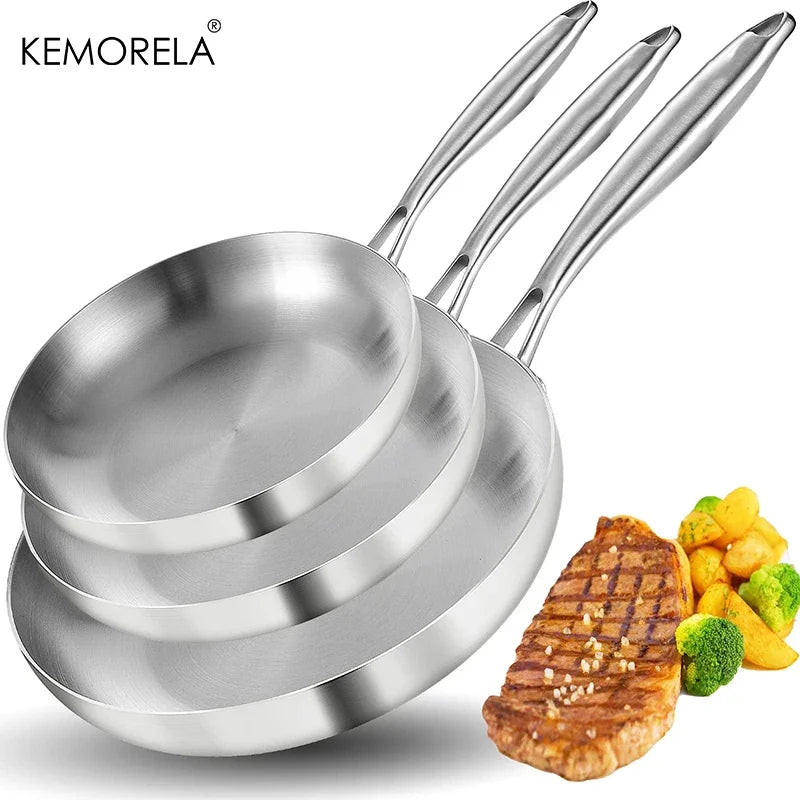 3PCS/Set 304 Stainless Steel Frying Pan NonStick Pan Fried Steak Pot Uncoated Kitchen Cookware For Gas Stove Induction Cooker