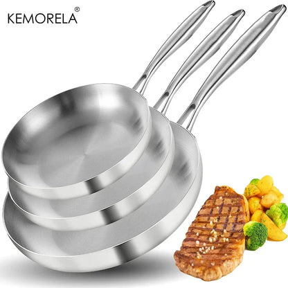 3PCS/Set 304 Stainless Steel Frying Pan NonStick Pan Fried Steak Pot Uncoated Kitchen Cookware For Gas Stove Induction Cooker