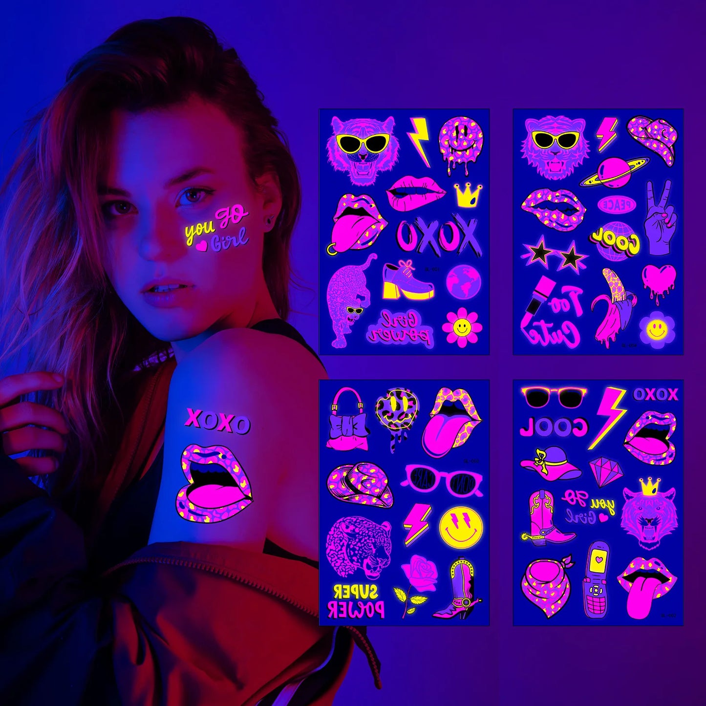 Стикери за татуировки на Glow Party Флуоресцентни Хелоуин Лице Стикер за тяло Неон Парти консумативи Честит рожден ден 2023 Хелоуин парти декор