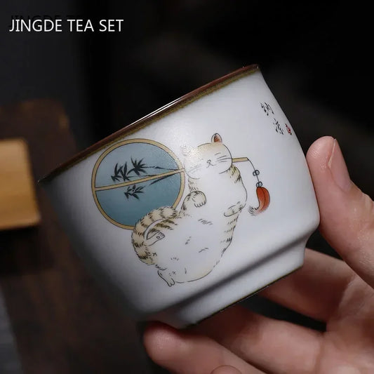 Retro Ru Kiln Ceramic Teacup Coffee Cup Handmade Tea Bowl Chinese Tea Set Accessories Master Teacup Drinkware Supplies 100 Ml