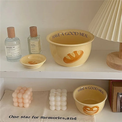 Korean Style Household Ceramic Tableware Set Creative Bread and Toast Printed Noodle Bowls Meal Plate Home Porcelain Dinnerware