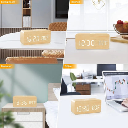 Spraakregeling houten digitale alarmklok draadloze laadtemperatuur datum nachtmodus Tabel klok 3 alarm 12/24 uur LED -klok