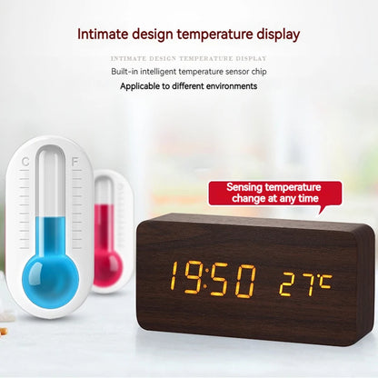Houten vierkant LED slimme wekkers voor slaapkamers, digitale nachtklok met temperatuur, spraakregeling, desktopklok