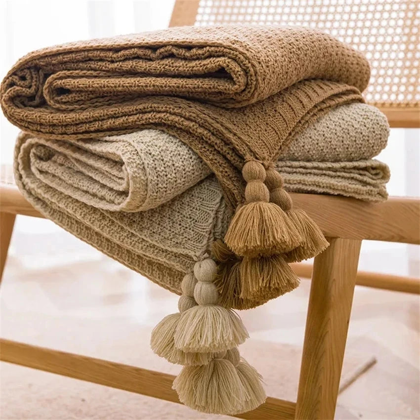 Nordiske tepper til sengsofa sofa chunky strikket sengeteppe strikket kast teppe med dusk vanlig farge vaffel preget teppe