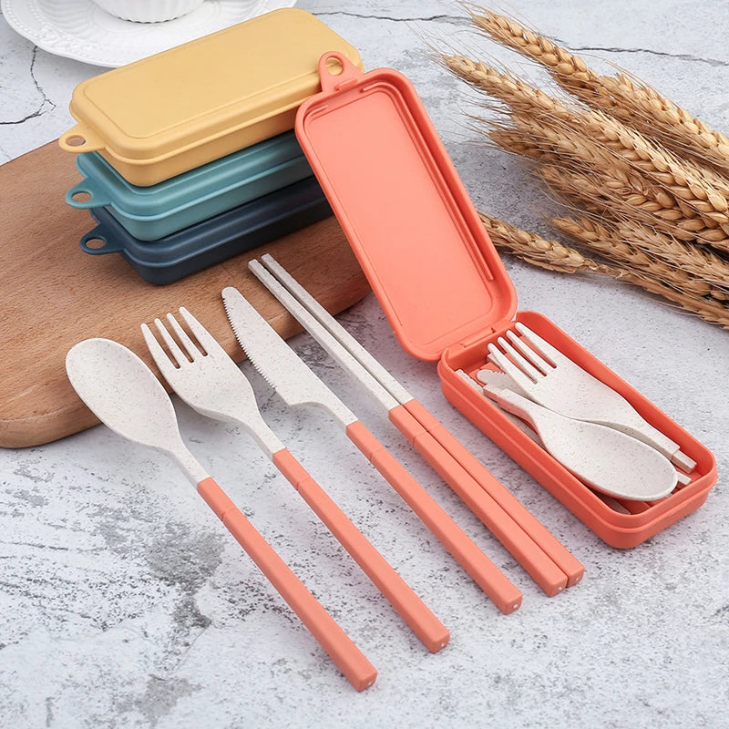 4Pcs Portable Tableware Set Wheat Straw Dinnerware Detachable Cutlery Travel Tableware Picnic Dinnerware Set Camping Cutlery Set